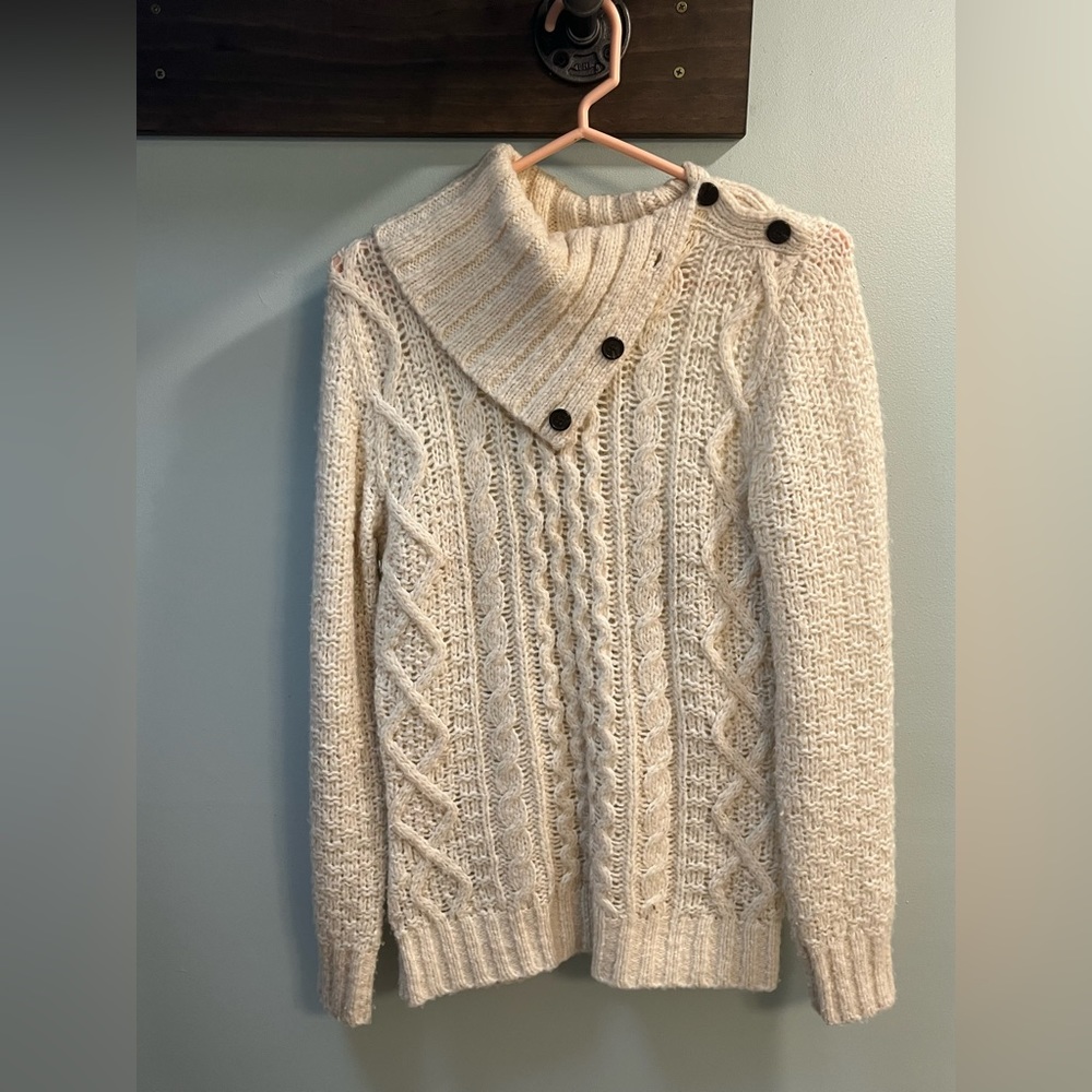 Gap Ribbed Chunky Knit Pullover Sweater Turtle Neck buttoned collar Cream S Wool